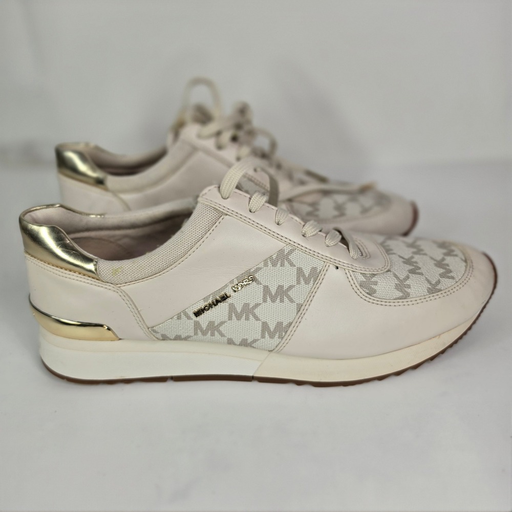 Michael Kors Allie Wrap Trainer White Gold MK Logo Monogram Sneaker Womens 11